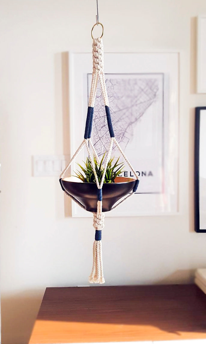 Navy Color Block Macrame Plant Hanger